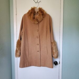 Roaman's Women's Wool Blend Camel Coat Stand Up Faux Fur Collar and Cuffs 18W
